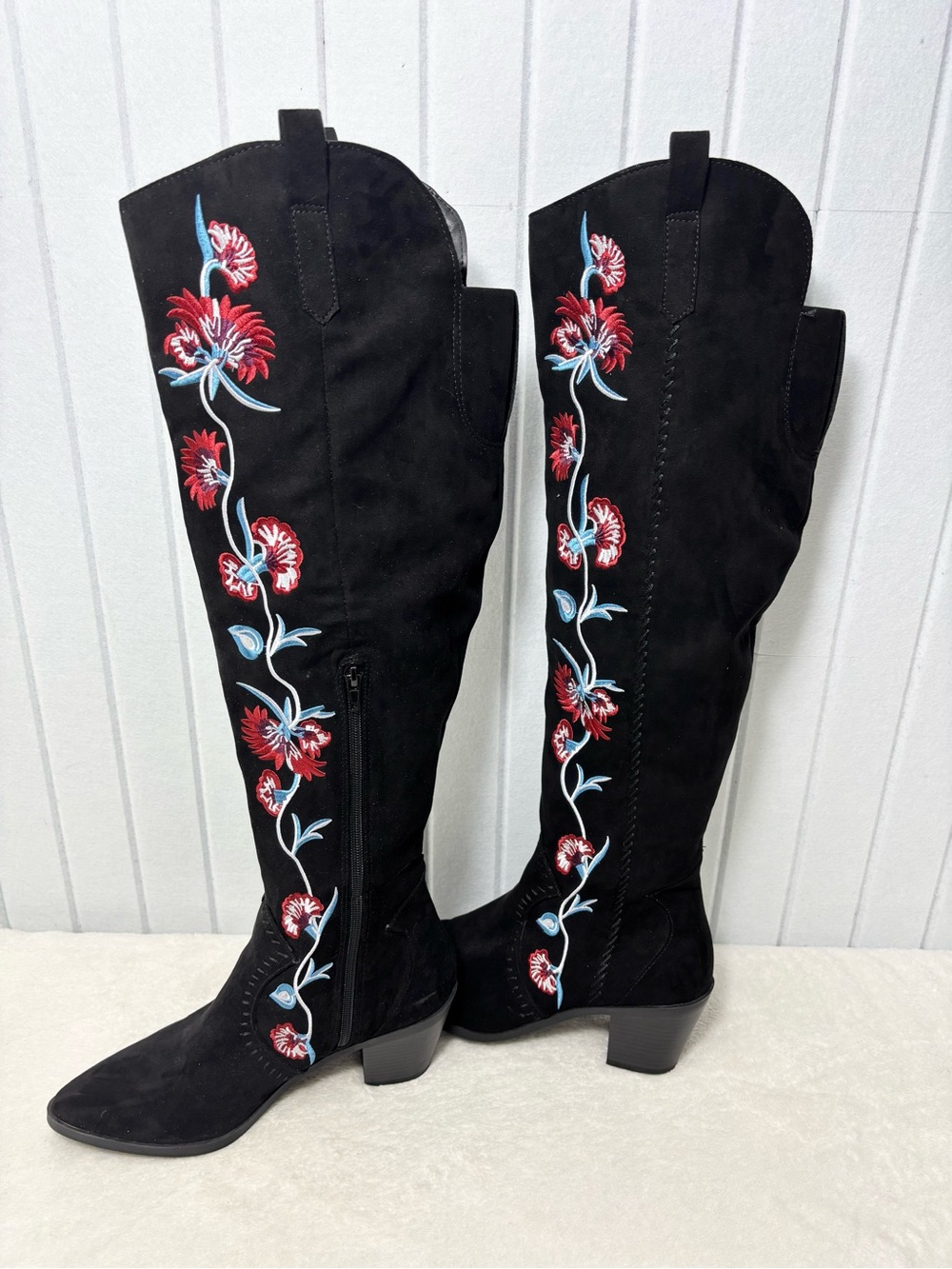 Carlos Santana Alexia Over the Knee Boots Womens 9.5M Black Floral Embroidered - Picture 2 of 16